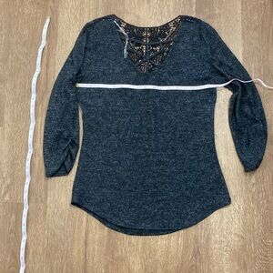 No bounderies charcoal grey 3/4 sleeve blouse lace back detail unique neckline